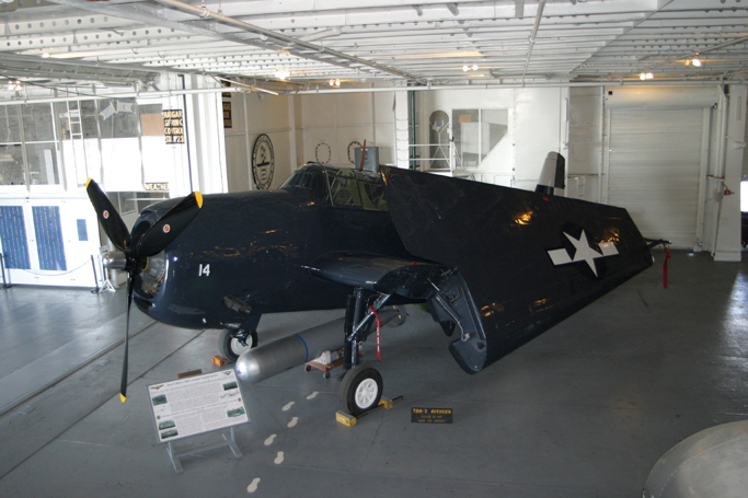 TBM_32B.JPG - Most produced version was the TBM-3 which started production in 1944 and totaled 4,600. At wars end most of the Avengers in service were dash-1s. This plane was produced January 1945. Arrived in San Diego June 1945 and ended up in a VC (composite squadron) in July 1945 at Guam. Never saw action and was mothballed at Litchfield till 1948 and brought out for service as a COD, carrier on-board delivery. Last served aboard the USS Coral Sea in 1956. Sold to Sacramento Cropdusting in 1960 for $1